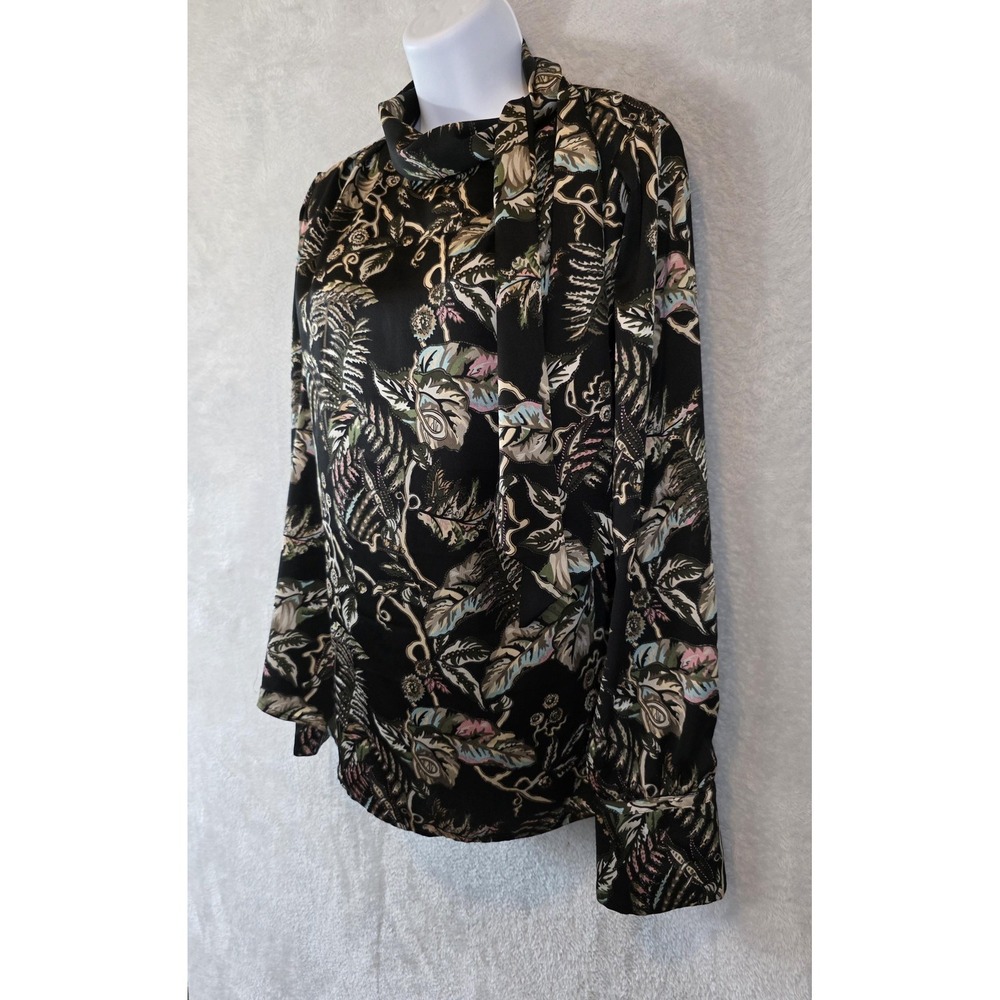 EUC Banana Republic Blouse Women Large Black Floral Tie Neck Office Contemporary - Picture 5 of 13